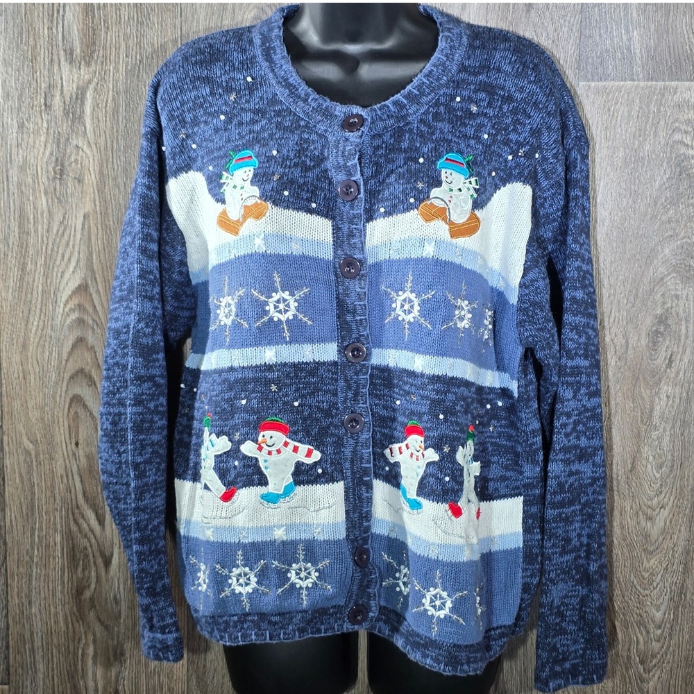 Womens Cardigan Sweater Blue Frolicking Snowmen Embellished Holiday Large